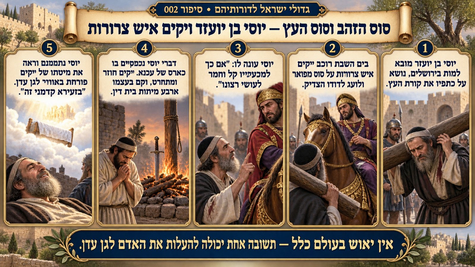 תמונת סיכום — יוסי בן יועזר איש צרידה: סוס הזהב וסוס העץ — יוסי בן יועזר ויקים איש צרורות